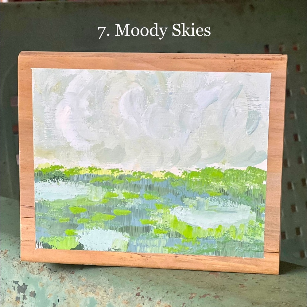 Moody skies over marsh | Acrylic on wood painting, shelf decor, small artwork